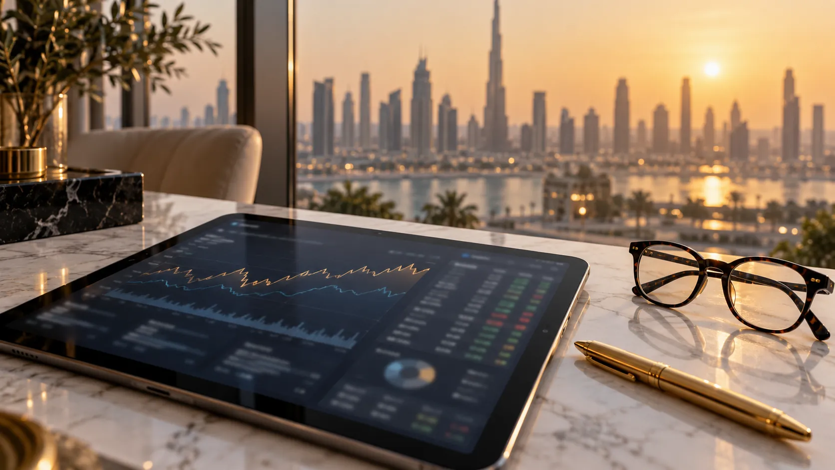 Illustration: a tablet showing charts on a marble table, with a Dubai view