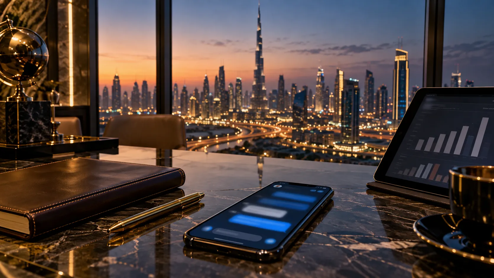 Illustration: a broker's desk with a phone and a tablet showing charts, with the Dubai skyline behind