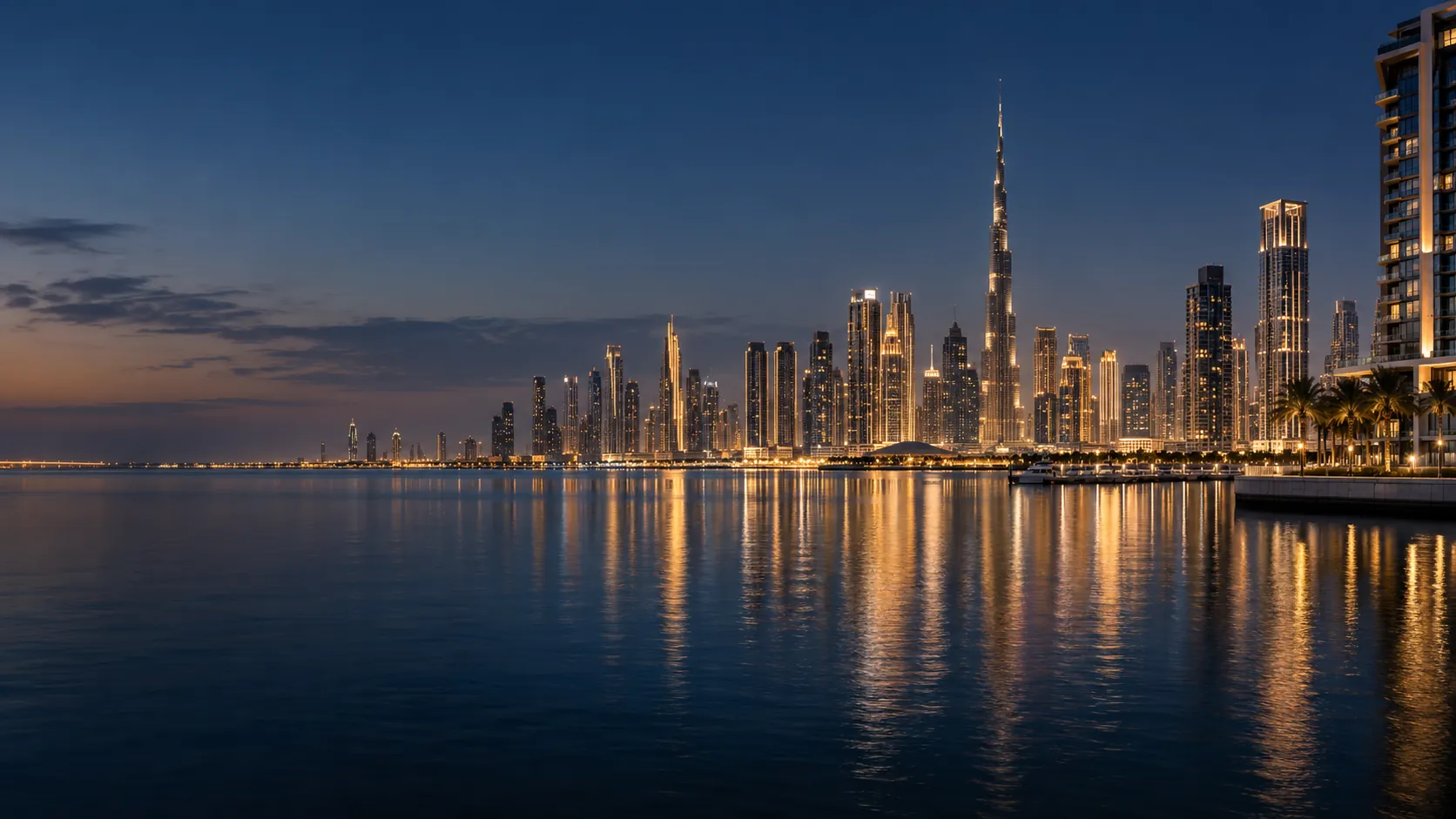 Illustration: the Dubai skyline at blue hour