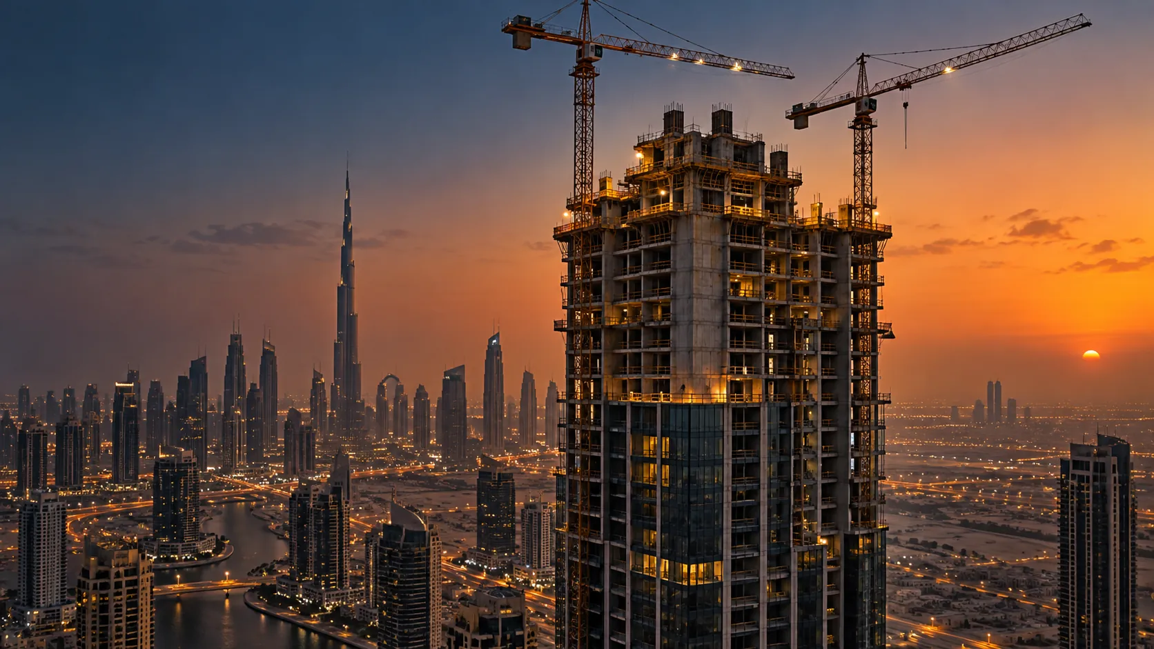 Illustration: construction cranes on a residential tower at dusk