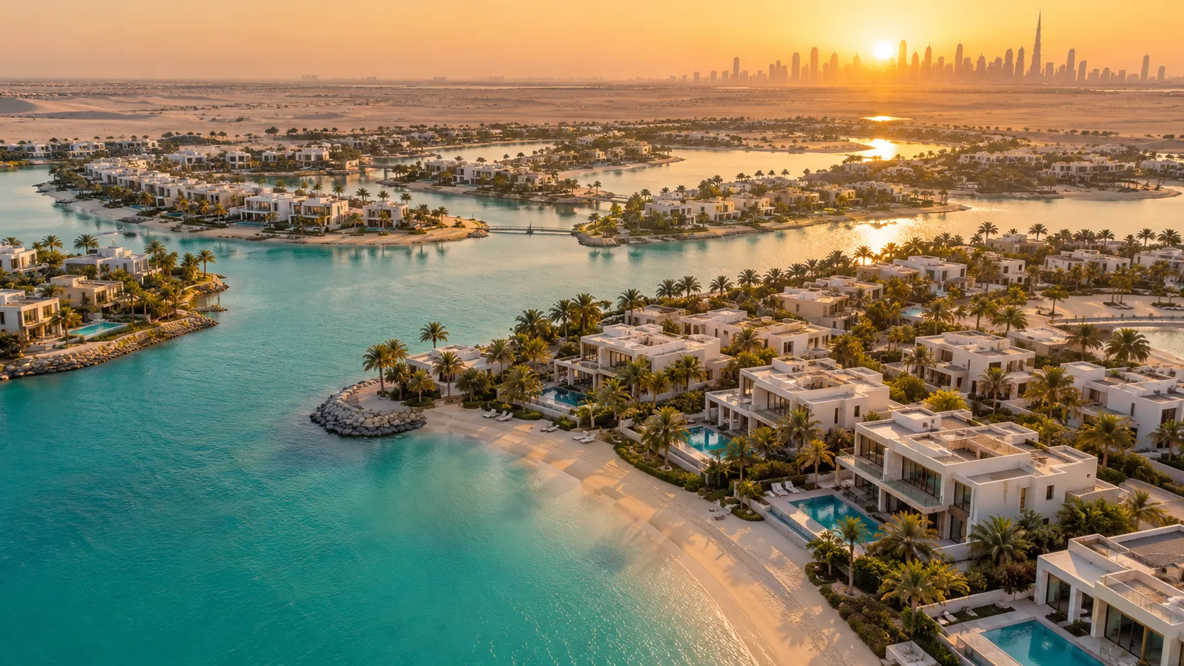 Illustration: aerial view of a waterfront villa community at sunset