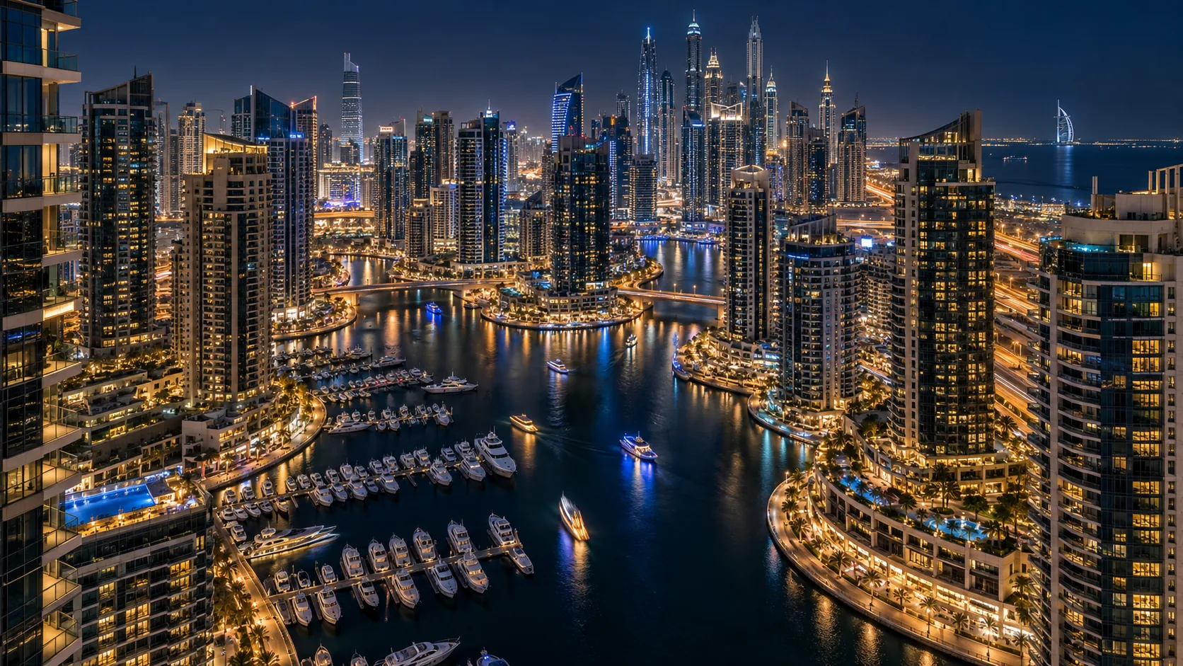 Illustration: Dubai towers seen from above at night